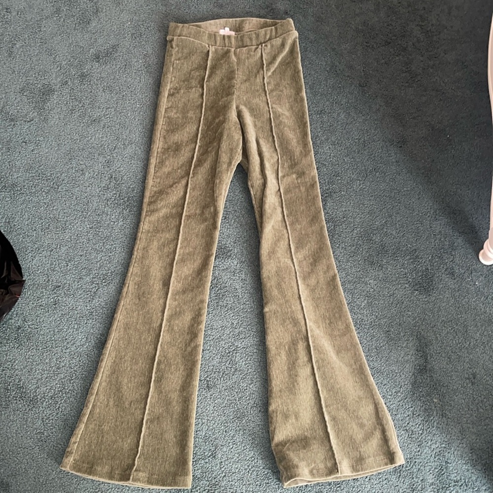 High-rise, velvet, green bell bottom pants